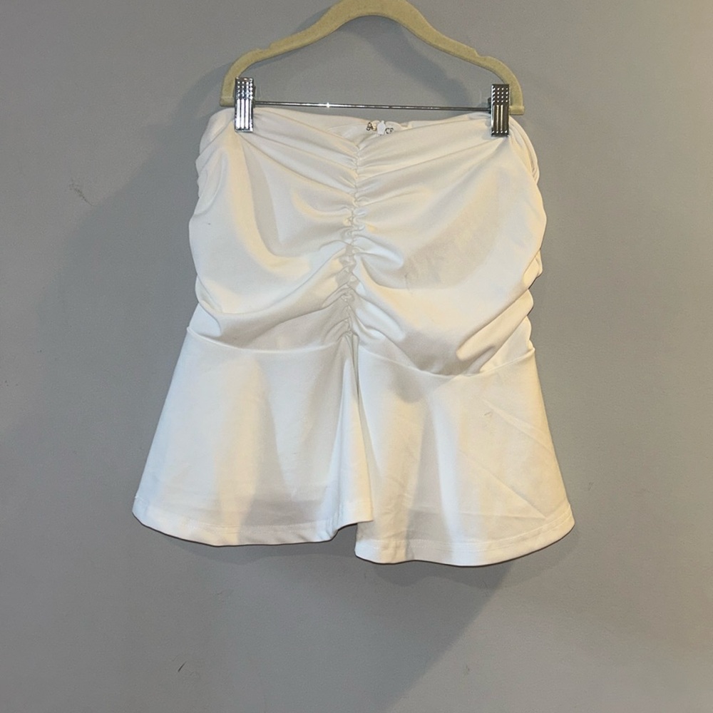 white skirt, bunches, stretchy, with v line